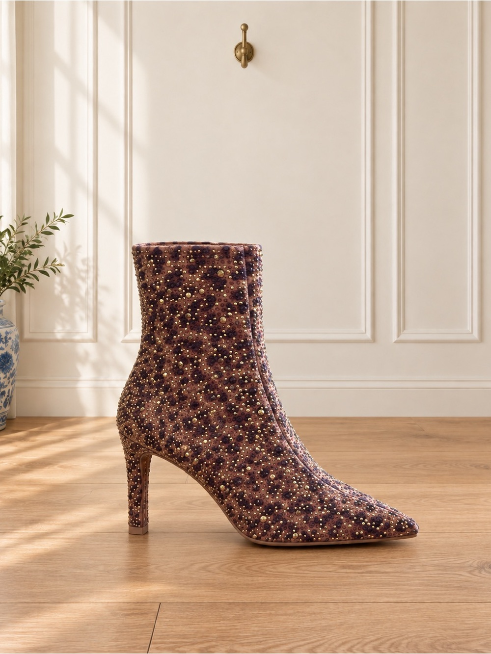 Embellished Pointed-Toe Ankle Boot in Brown